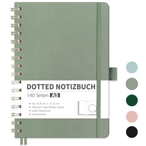 RETTACY Notizbuch A5 Dotted, Bullet Dot Journal mit 100 g/m² Dickem Papier, 70 Blatt, Notebook für Büro und Schule, Lederhülle, Hellgrün, 14.8 cm x 21 cm