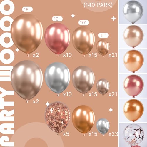 Image of PartyWoo Rose Gold Shades Balloon Garland Kit, 140 pcs Shades of Rose Gold Balloons Different Sizes Pack of 18 Inch 12 Inch 10 Inch 5 Inch for Balloon Garland, Birthday Decorations, Party Decorations