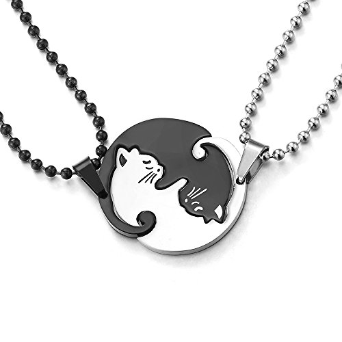 COOLSTEELANDBEYOND Pair Steel Black Silver Matching Kitty Cat Friendship Pendant Necklace, Lovers Couples