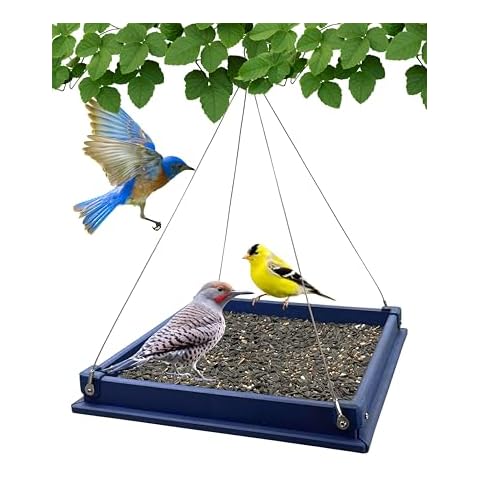 Backyard Essentials Hanging Bird Feeder Tray, Recycled Plastic Large Blue Hanging Platform Tray Feeder and Seed Catcher Cover