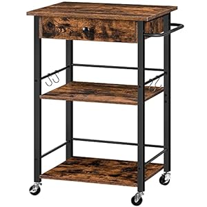 HOOBRO Îlot Central de Cuisine Mobile, Chariot de avec Tiroir, Desserte de Service à 3 Miveaux avec Poignée et Crochets, pour Cuisine, Salle à Manger, Salon, Marron Rustique, EBF05ZD01