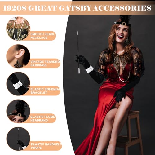 TOPBELIEF 7PCS 1920s Accessories for Women, Flapper Great Gatsby Costume, Roaring 20s Accessories, Ladies Charleston Fancy Dress Up for Halloween, Christmas, Carnival