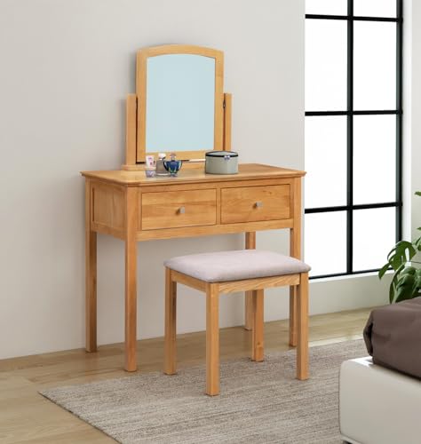 Hallowood Furniture Hereford Oak Dressing Table Set, Wooden Dressing Table with Mirror and Stool with Grey Padded Seat, Stylish Light Oak Vanity Set for Bedroom or Dressing Rooms