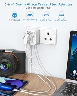 Adaptateur de Voyage à 2 Voies Sortie pour l'Afrique du Sud, Connecteur France vers l'Afrique du Sud avec 4 Prises USB (2 USB-C),Connecteur Schuko vers Type M pour Namibie,Lesotho,Mozambique,Blanc