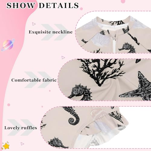 ALAZA Black Seahorse Star Coral Reef Girls One Piece Swimsuit Long Sleeve Rash Guard Swimsuits UV 50+ Swimwear Zipper4