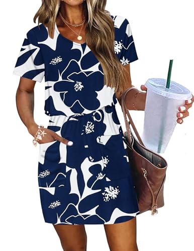 Image of AUSELILY Womens Summer Dresses 2026 Causal Short Sleeve V Neck Tie Front Mini Short Dress with Pockets