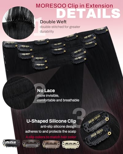 Image of Moresoo Burgundy Red Clip in Hair Extensions, Black Ombre 12in for Party | Invisible clip in extensions remy human hair, balayage black to cherry red, 80g 5pcs, double weft for short daily looks