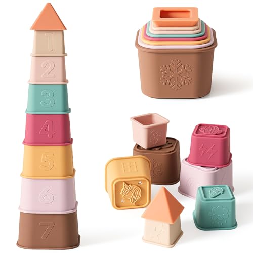 Image of YIVEKO Baby Stacking Cups Toy, Silicone Stacking Tower Educational Baby Toys 6M+, Soft Teething Building Blocks 8 Pcs, BPA Free Sensory Infant Toy, Bath & Beach Toys, Vintage Neutral Colors-Vintage