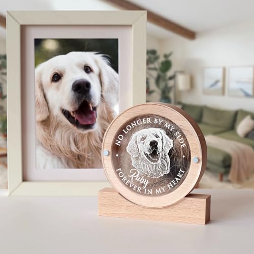 Image of Personalized Pet Hair Keepsake Box for Dog and Cat Fur - Engraved Wood Memorial Box - Unique Customized Gift for Loss of Furry Friend Wooden (Light Round Wood /Acrylic Lid, With Photo)