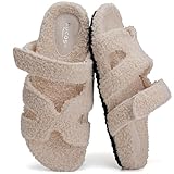 Docosy Womens Fuzzy H-Band Slippers Faux Shearling Open Toe Slide Sandal Adjustable House Shoes Wide Width (Beige, 38)