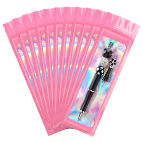 ANZNKU 100 Pcs Holographic Mylar Pen Bags 2.7x9, Pink Pen Sleeve Sealable