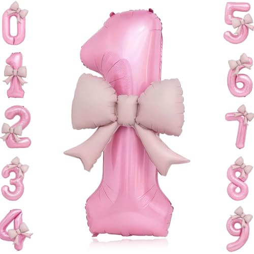 HAIMITI Bow Pink 1 Balloons, 40 Inch Giant Pink Bow Helium Foil Number 1 for Girls, Bow Aluminum Foil Balloon for Birthday Wedding Anniversary, Large Number Balloon for Party Decorations Supplies