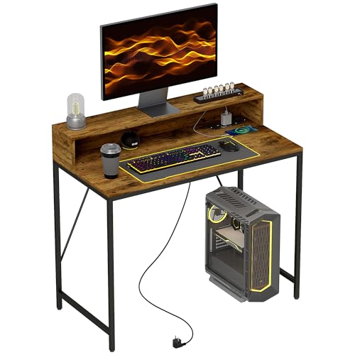 HOMCOM Computertisch, Schreibtisch mit Anschlüssen, Bürotisch mit Monitorfläche und Ablage, PC Tisch für Büro, Arbeitszimmer, 100 x 50 x 90,5 cm, Rustikales Braun