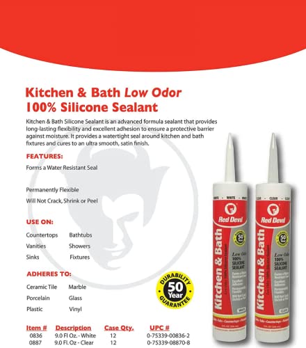 Image of Red Devil 0836 Kitchen & Bath Low Odor Silicone Sealant, 10.1 Oz, White, Pack of 1