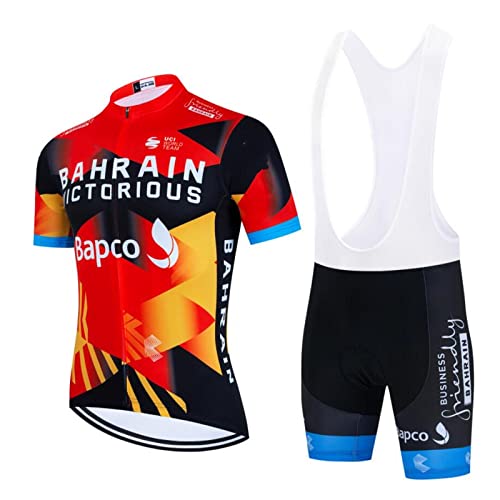 2023 プロチーム BAHRAIN ツアー・オブ・イタリア サイクリング ジャージ セット男性用、通気性 MTB 自転車 シャツ ビブ ショート キット ゲル パッド (L)