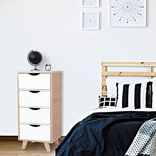 4 Drawers, White Chest of 4 Drawers, Nordic Style Bedside Cabinet Side Drawer, Free Standing Slim Chest Unit, Set 4 Drawer Tall White Drawers for Entryway Living Room Bedroom