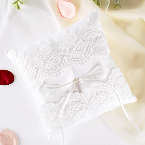 ATAILOVE Wedding Ring Pillow, Lace Pearl Ivory Ring Bearer Cushion for Wedding Party by ATAILOVE - Image 2