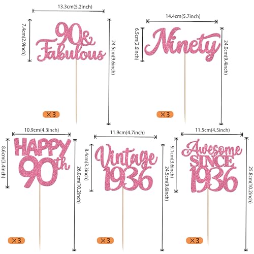 Image of 15 PCS 90th Birthday Centerpiece Sticks Ninety Happy 90 Vintage 1936 Table Flower Centerpieces Sticks Cheers to 90 Fabulous Floral Decorations for 90th Birthday Party Supplies Pink