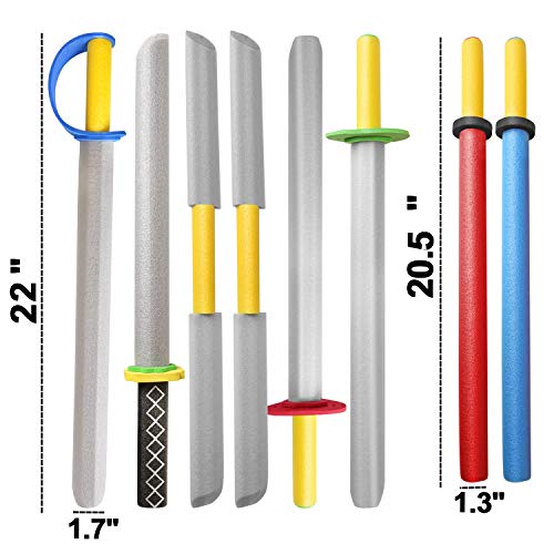 Rainbow yuango Toy Sword for Boys, 8 Pack 22\" Foam Swords Set Warrior Weapons Toy Pretend Playset for Kids Different Designs Including Laser, Samurai, Ninja, Two-bladed Swords.