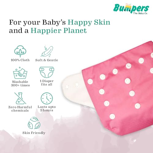 Image of Bumpers Baby Reusable Cloth Diaper with Insert Pad | Leak-Proof, Super Absorbent & Ultra Soft | Adjustable & Washable Cloth Diaper | Prevent Rashes | Freesize 5-17Kg | (3M-3Y), Pack of 5, Pink