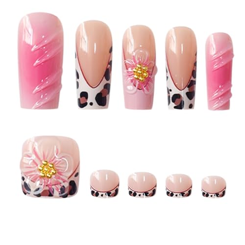 Image of 48 Pcs Flower Press on Nails & Press on Toenails Set Leopard Print French Tip Fake Nails Flower Glue on Toenails Glossy Artificial Acrylic Full Cover Square Stick on Nails for Women Manicure
