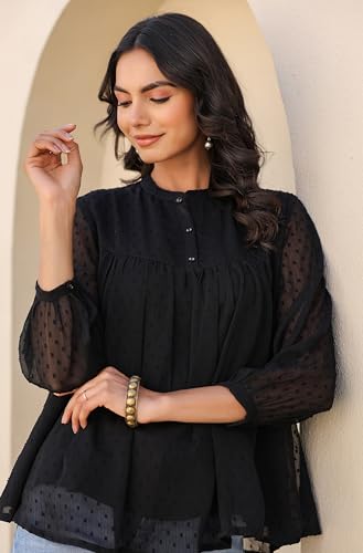 Image of Janasya Women's Dobby Chiffon Solid Empire Top
