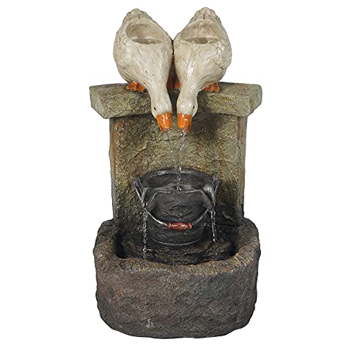 LuxenHome Resin Ducks Outdoor Fountain with LED Light, 3 Tiered Waterfall Fountain Sculpture for Garden Patio Court Backyard Decking 28 inch, Gray/White