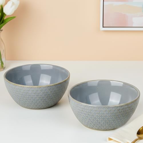 Image of The Earth Store Grey Embossed Ceramic Bowl Set of 2 - 500ML Each | Ceramic Mixing Bowls for Snacks, More | Rice, Dal, Fruits, Salad | Microwave Safe Bowl Set | Perfect for Gifting & Daily Use