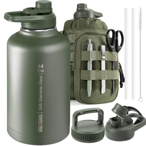 Image of ONETIGRIS Tactical Half Gallon Water Bottle with Straw - 64 oz Vacuum Insulated Stainless Steel Water Jug, Leakproof Sport Bottle with 3 BPA Free Lids, Paracord Handle & MOLLE Water Pouch for Outdoor