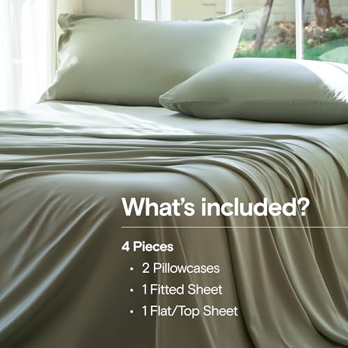 Image of DOZ Sheet Set, 100% Viscose derived from Bamboo, Organically Grown, Buttery Soft, Cooling Sheets, High GSM, Deep Pockets - 4 Piece - 2 Pillowcases 1 Fitted 1 Top Sheet (Sage, Cal King)