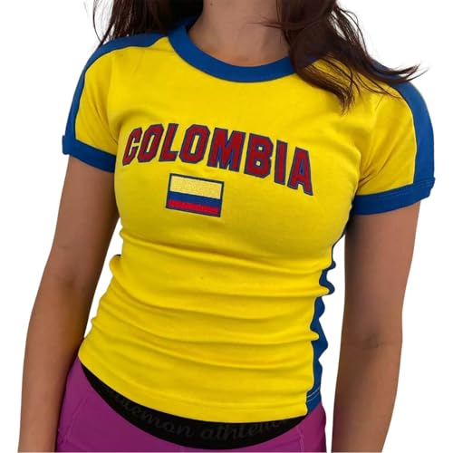 Article de fan pour femme - Imprimé graphique Colombie - Manches courtes - Crop top ventre découvert sexy - Haut d'été - Coupe slim ajustée - Style Y2K -...