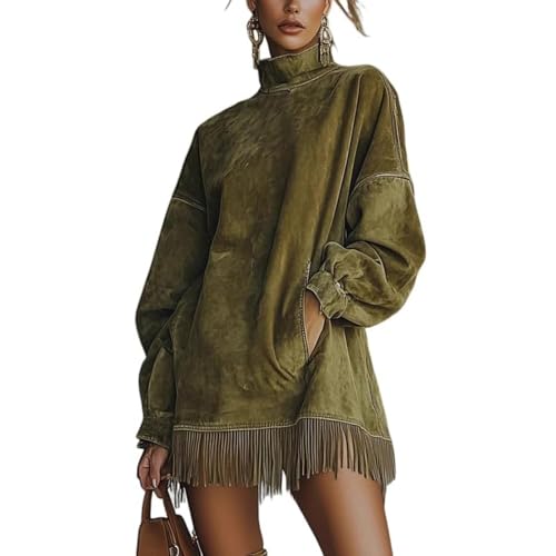 Womens Faux Suede Fringe Mockneck Dress - Long Sleeve Loose Vintage Western Mini Dress with Pockets for Fall Winter Party Green