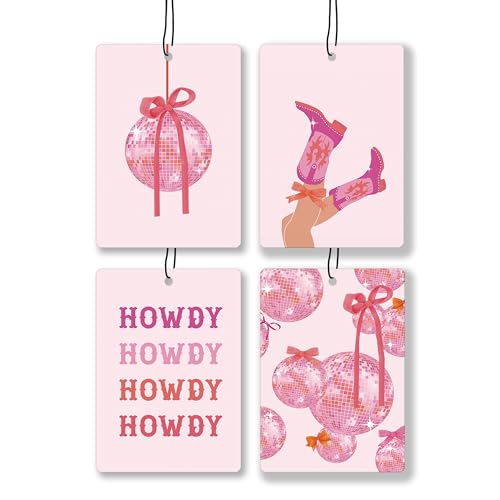 Image of Cute Pink Western Lavender Car Air Freshener, Coquette Pink Bow Disco Ball Cowgirl Boots Hanging Air Freshener 4 Pcs for Cars Closet Drawer Books, Car Accessories Mirror Decor for Women