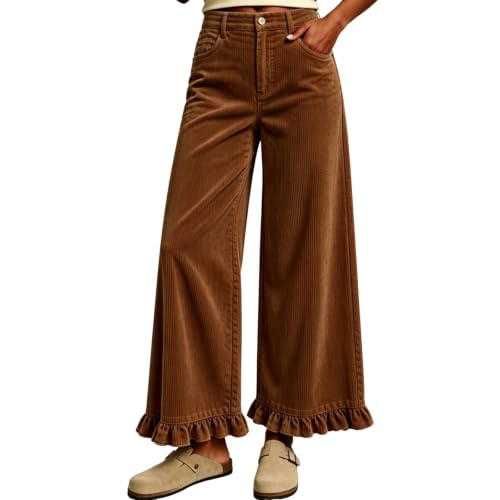 Corduroy Pants Women Elastic Waist Ruffle Hem Baggy Wide Leg Pants - image 1