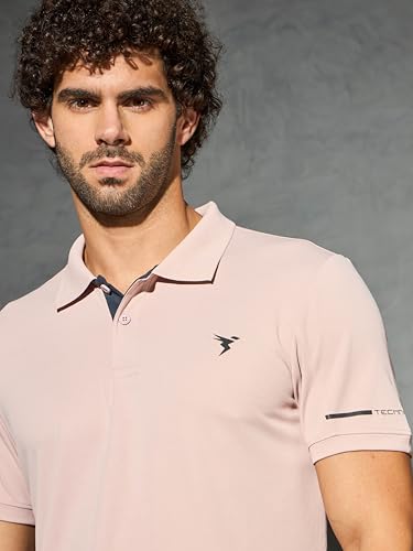 Image of TECHNOSPORT Men's Solid Slim Fit Polo Collar T-Shirt TECHNOCOOL+ Half Sleeve Button Polyester for Gym Running Workout UPF50+ Anti Odour