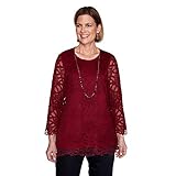 alfred dunner women's petite beautiful solid lace knit body-lined top with pretty necklace size pm merlot