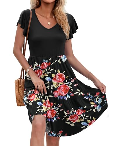 AUSELILY Damen Sommerkleid Rüschen Kurzarm Elegante V-Ausschnitt Kleider Swing Knielanges A-Linie Freizeit Strandkleid Gestuftes Kleider mit Tasche Schwarze Rose Schwarz M