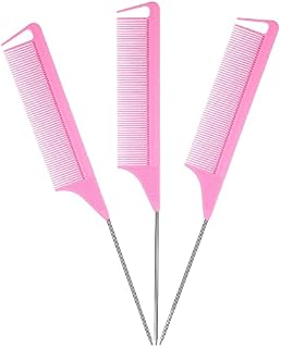 BOORIKA Tail Comb, Rat Tail Hair Comb 100% Anti-static, Heat resistant, Lightweight, Durable with anti-skid paddle and Stainless-Steel Pintail for All Hair Types (Pink)