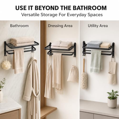 Image of ZAP Exotic Series Stainless Steel Towel Rack with Hooks, 59 CM Wall Mounted Bathroom Towel Holder, Multipurpose Storage Shelf for Towels and Clothes, Rust-Resistant Black Finish