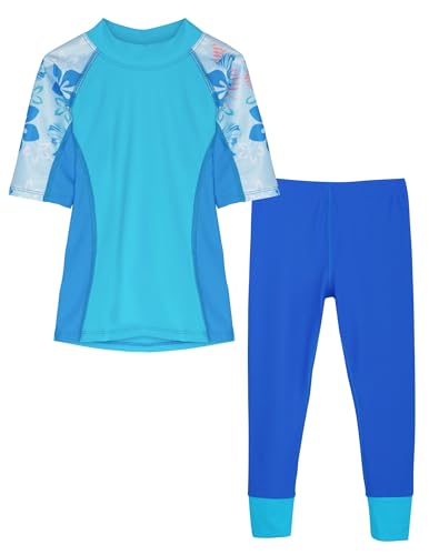 Image of Tuga Girls Short Sleeve Rash Guard and Swim Legging Bathing Suit Set, UPF 50+