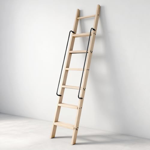 96in Red Oak Library Ladder, 8 Steps, Iron Handrail, 400lbs