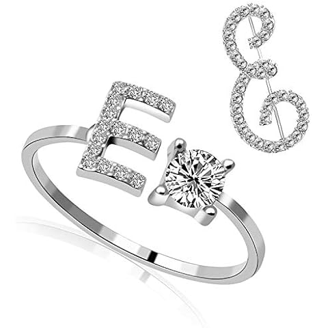 RINHOO Initial Knuckle Rings and Brooch Pin Silver Crystal 26 A-Z Letter Alphabet Adjustable Ring for Women Girl Jewelry, Crystal Cover