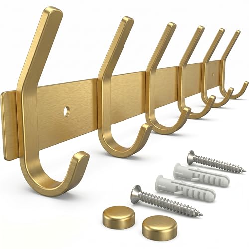 SAYONEYES Brushed Gold Wall Mounted Coat Rack 17 Inch Stainless Steel Rail with 6 Double Coat Hooks for Entryway Bathroom Bedroom Kitchen Modern Gold Hook Rack for Coats Hats Towels
