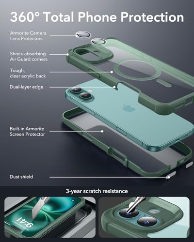 Image of ESR for iPhone 16 Plus Case, Compatible with MagSafe, Full-Body Military-Grade Drop Proof Case with Built-in 9H+ Tempered Glass Screen Protector, Armor Series, Clear Green