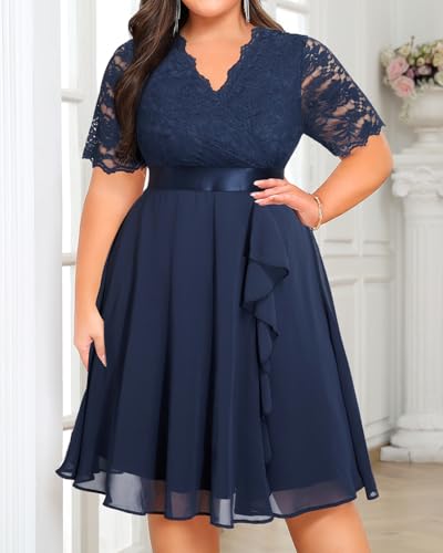Image of Talisea Plus Size Wedding Guest Dress - Formal Cocktail Party Ruffle Elegant Tea Length Lace Chiffon V Neck Midi Dresses