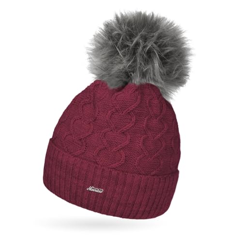 Neverless® Damen Strick-Mütze Fell-Bommel Kunstfell Bommelmütze Fleece-Futter Herz-Strickmuster Umschlag Bordeaux Unisize