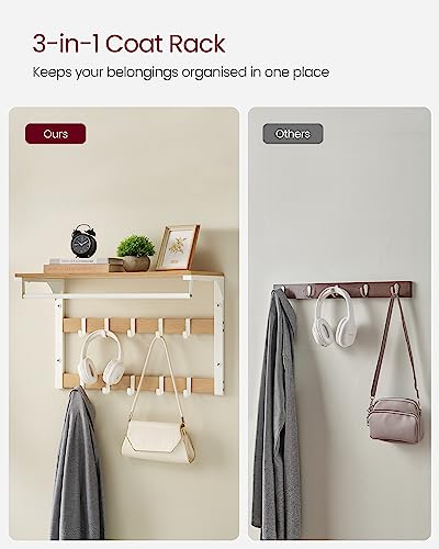VASAGLE Wall-Mounted Coat Rack, Wall Shelf with 10 Removable Hooks, Clothes Rail, Coat Hooks with Shelf, for Entryway, Bedroom, Bathroom, Oak Colour and White LCR101W09 - Image 3