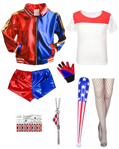 Disfraz de Quinn Adultos, Disfraces de Cosplay Quinn Mujer con Camiseta Chaqueta Pantalones Cortos Medias de Rejilla y Tatuaje. Disfraz de Quinn Clown para mujer Halloween Carnaval Joker Cosplay S