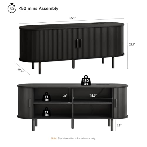 Image of ONBRILL 55 inch TV Stand with Power Outlet for TVs up to 60 Inch, Entertainment Center with Storage and Adjustable Shelves, Modern Media Console with Sliding Doors for Living Room, Black