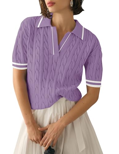 Image of Micoson Womens Short Sleeve Sweater Tops Lapel V Neck Polo Shirts 2026 Summer Cable Knit Loose Blouse Business Casual Outfits